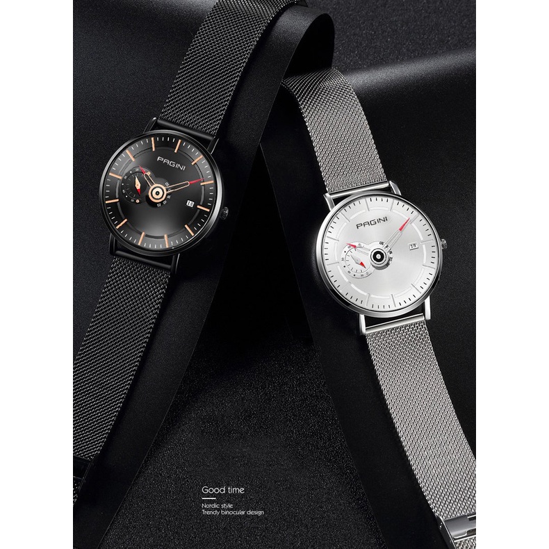 Đồng Hồ Nam Pagini PA9968 dây thép lụa Titanium thời trang Cao Cấp, có lịch ngày