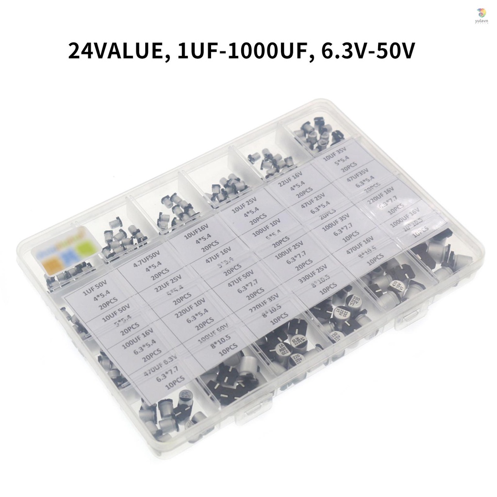 Set 400 Tụ Điện Nhôm 24 Giá Trị 1uF-1000uF 6.3V-50V Kèm Hộp Đựng