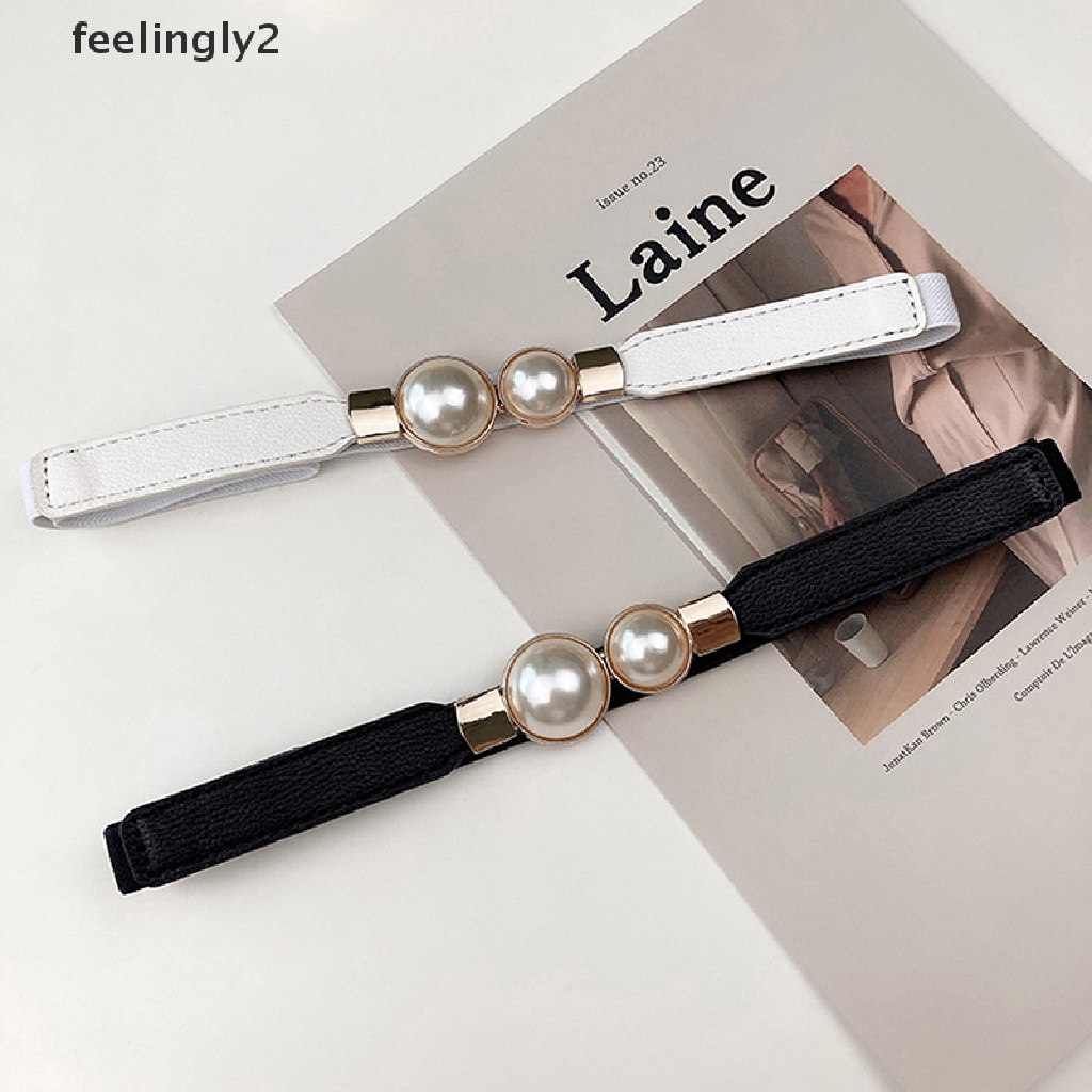 Thắt Lưng Da PU Màu Trắng / Đen Đính Hạt Ngọc Trai Thời Trang Cho Nữ