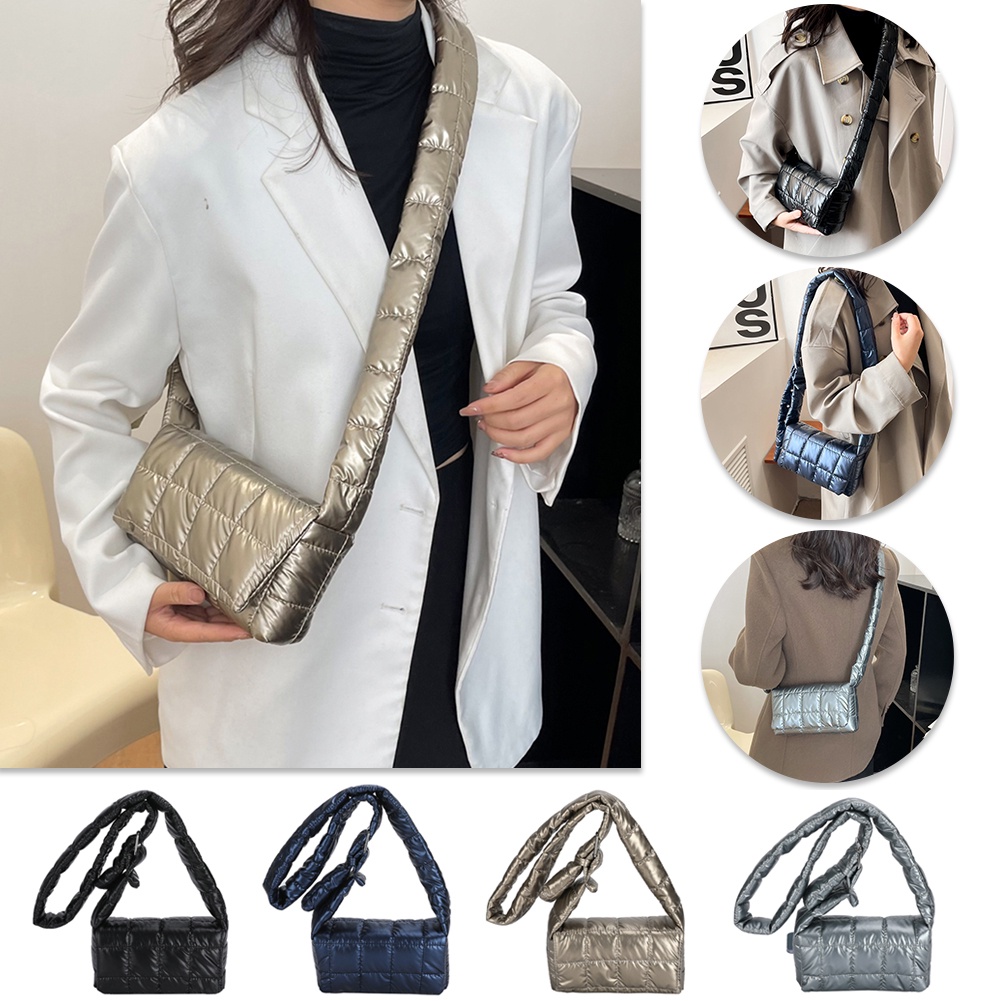 Túi Đeo Vai Bằng Nylon Cotton Chần Bông Khóa Bấm Giản Dị Cho Công Sở