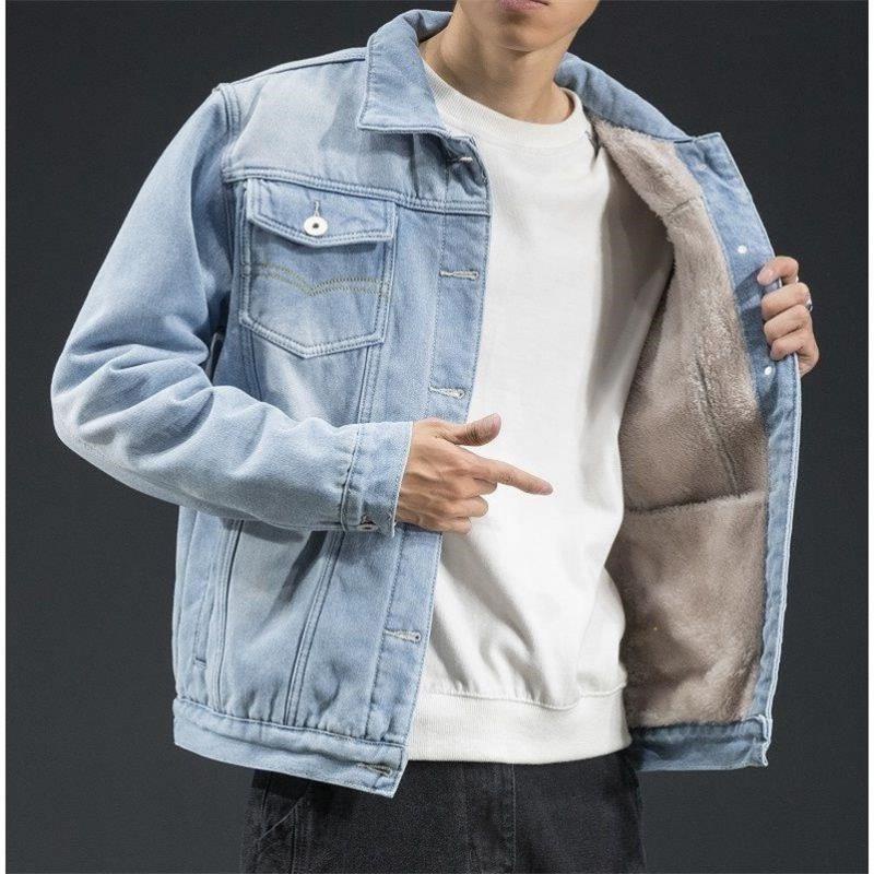 Áo Khoác Denim Lót Lông Cừu Dày Dặn Phong Cách Hàn Quốc Thời Trang Thu Đông Mới Cho Nam