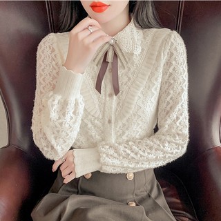 Áo sơ mi công sở nữ chất ren cổ phối nơ