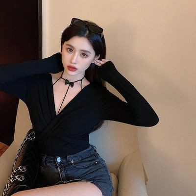 Áo thun dệt kim cổ V gợi cảm bra nơ cổ yếm A259 - Có ảnh thật