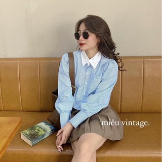 Áo Sơ Mi Kẻ Xanh Pha Cổ Trắng Chất Mềm Mát [Ảnh Thật]