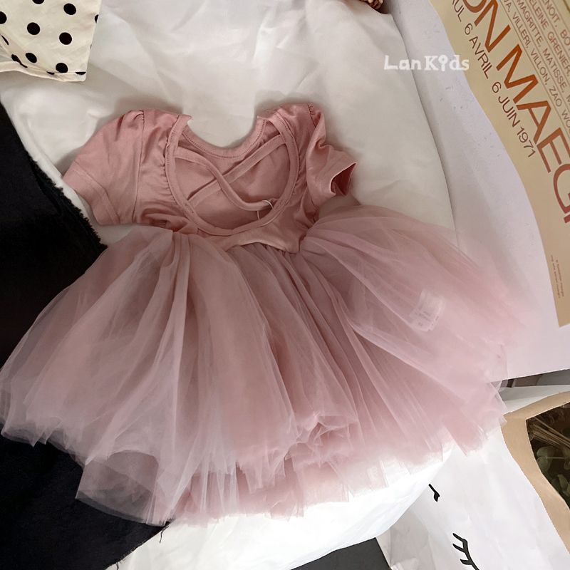 Đầm Công Chúa Tay Ngắn Hở Lưng Màu Sắc Tinh Khiết Thời Trang Mùa Hè 2023 Dành Cho Bé Gái