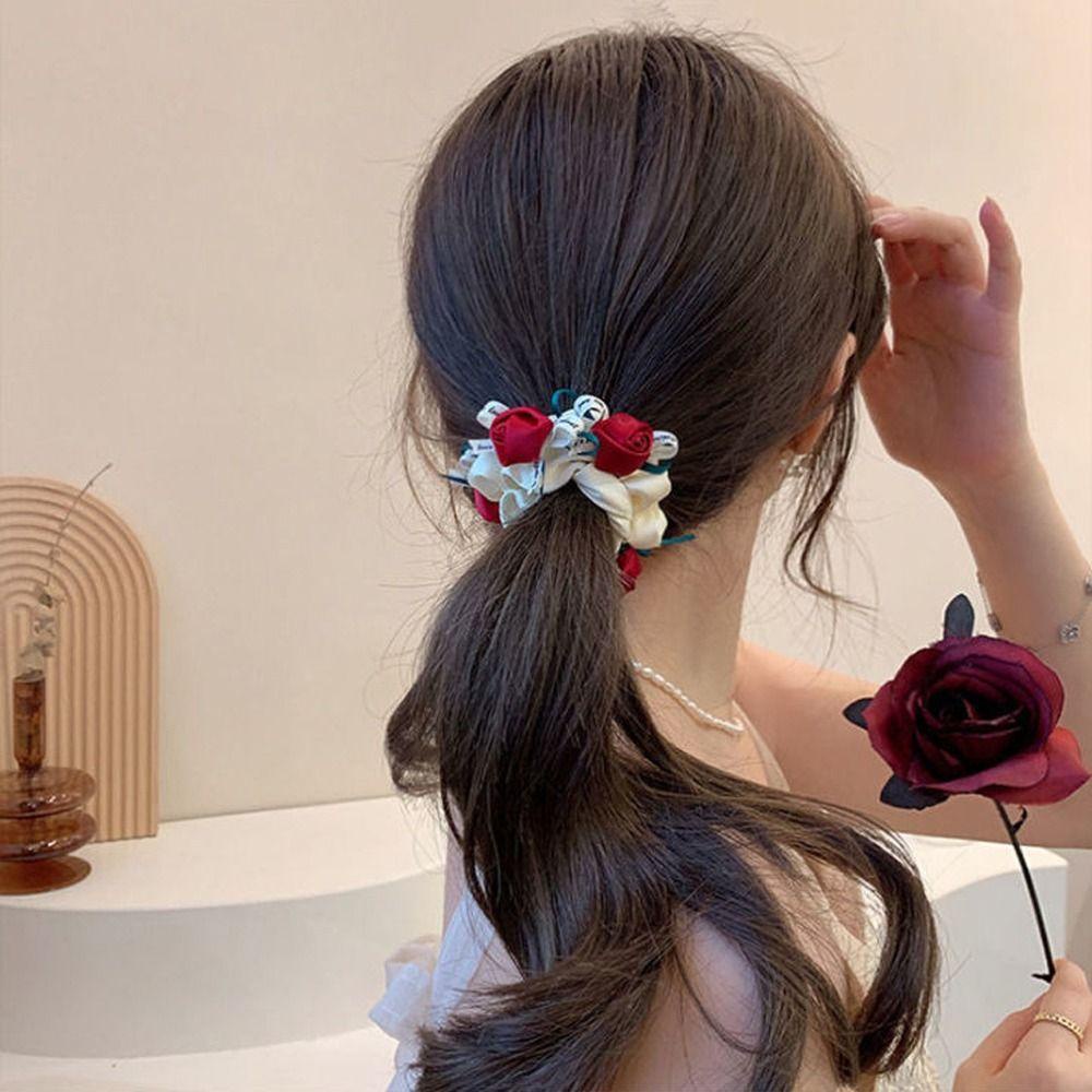 Dây Cột Tóc Cao Su Satin In Họa Tiết Hoa Hồng Phong Cách Hàn Quốc Thời Trang Cho Nữ