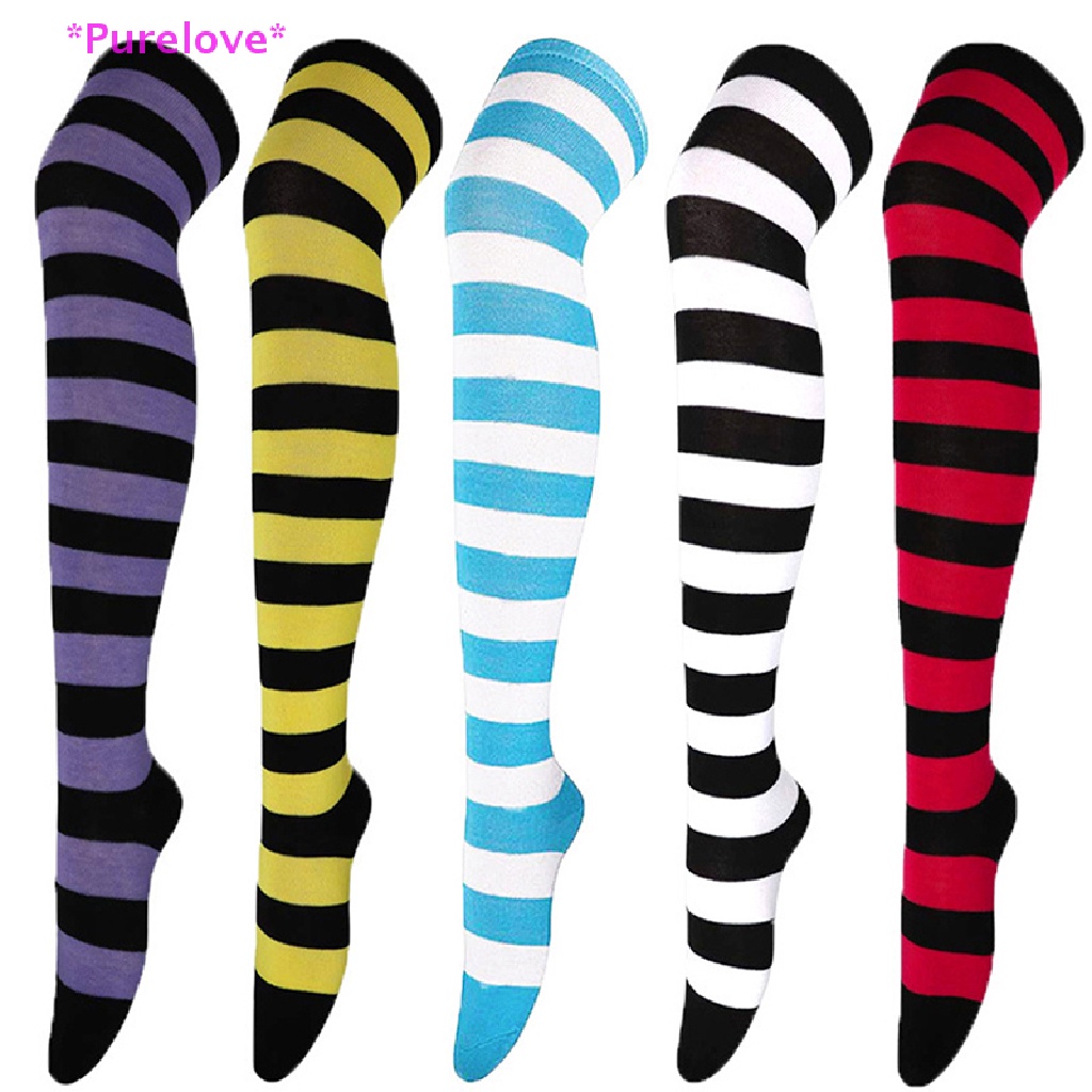 1 Đôi Tất Cotton Dài Qua Gối Họa Tiết Kẻ Sọc Dễ Thương Cho Nữ Mới