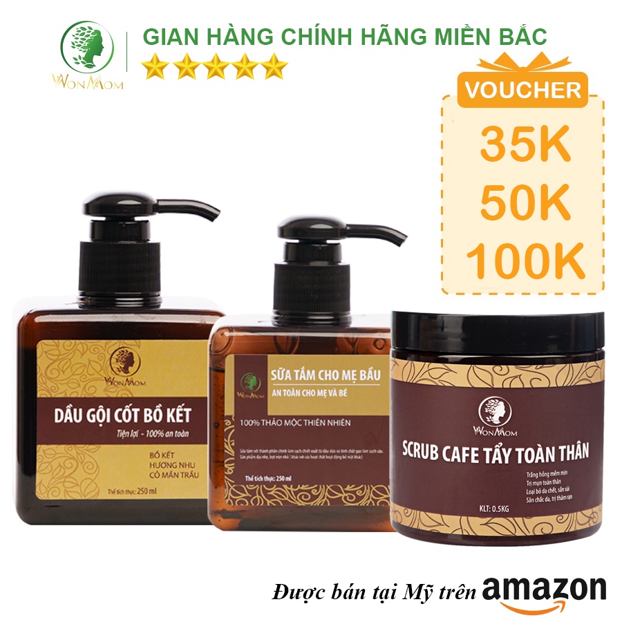 Bộ tắm gội toàn diện từ thảo mộc Wonmom ( 1 Dầu gội cốt bồ kết + 1 Sữa tắm cho mẹ + 1 Scrub café tẩy body )