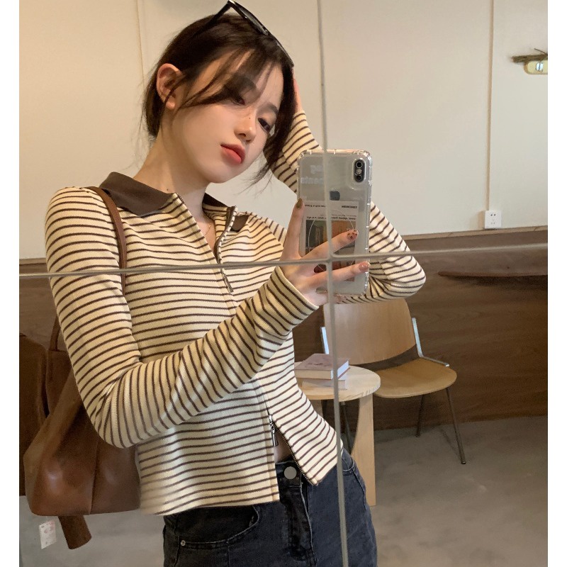 YaYa Wear/Hàn Quốc College Phong cách đơn giản Hot Girl sọc Zipper Tshirt dài tay áo poLo cổ áo bên ngoài mặc hàng đầu phụ nữ