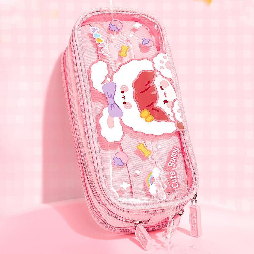 LEISURE Túi Đựng Bút Chì / Mỹ Phẩm Ba Ngăn Trong Suốt Họa Tiết Hoạt Hình Có Khóa Kéo Thời Trang