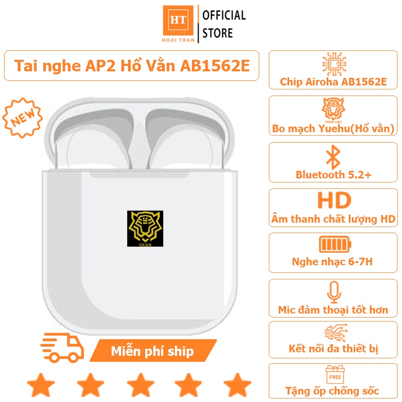 Tai Nghe Bluetooth AP2 Hổ Vằn AB1562E Kết Nối Đa Thiết Bị, Cải Thiện Mic Đàm Thoại, Pin 6-7H, Nghe Nhạc Hay