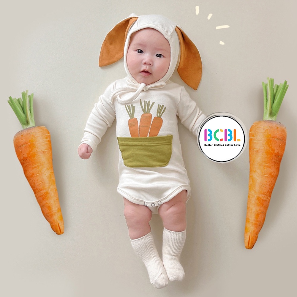 Set trang phục BCBL áo liền quần tay dài in họa tiết cà rốt và mũ trùm đầu thiết kế tai thỏ cho bé gái sơ sinh 1 tuổi