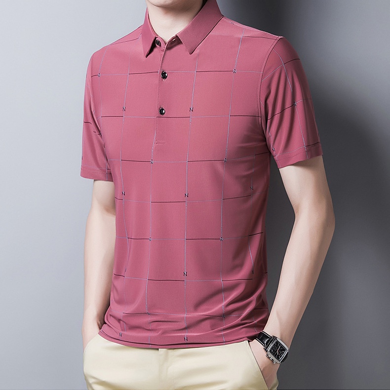 Áo Thun polo Tay Ngắn Dáng Ôm Vải Lụa Lạnh Mỏng Thoáng Khí In Họa Tiết Đơn Giản Thời Trang Cho Nam