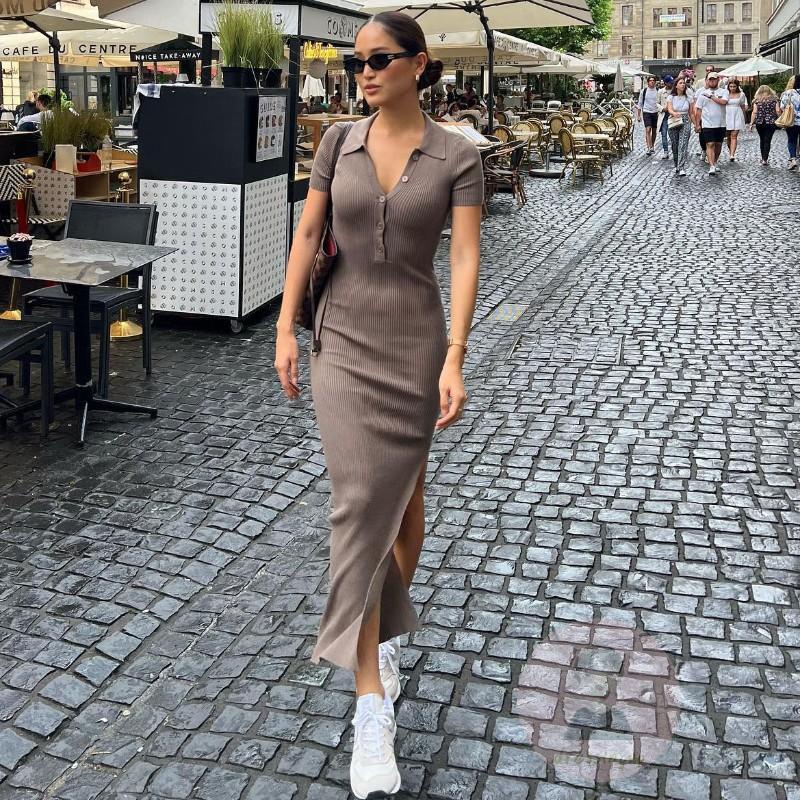 Đầm Tay Ngắn Dáng Ôm Cài Nút Màu Khaki / Đen Thời Trang Mùa Xuân Cho Nữ