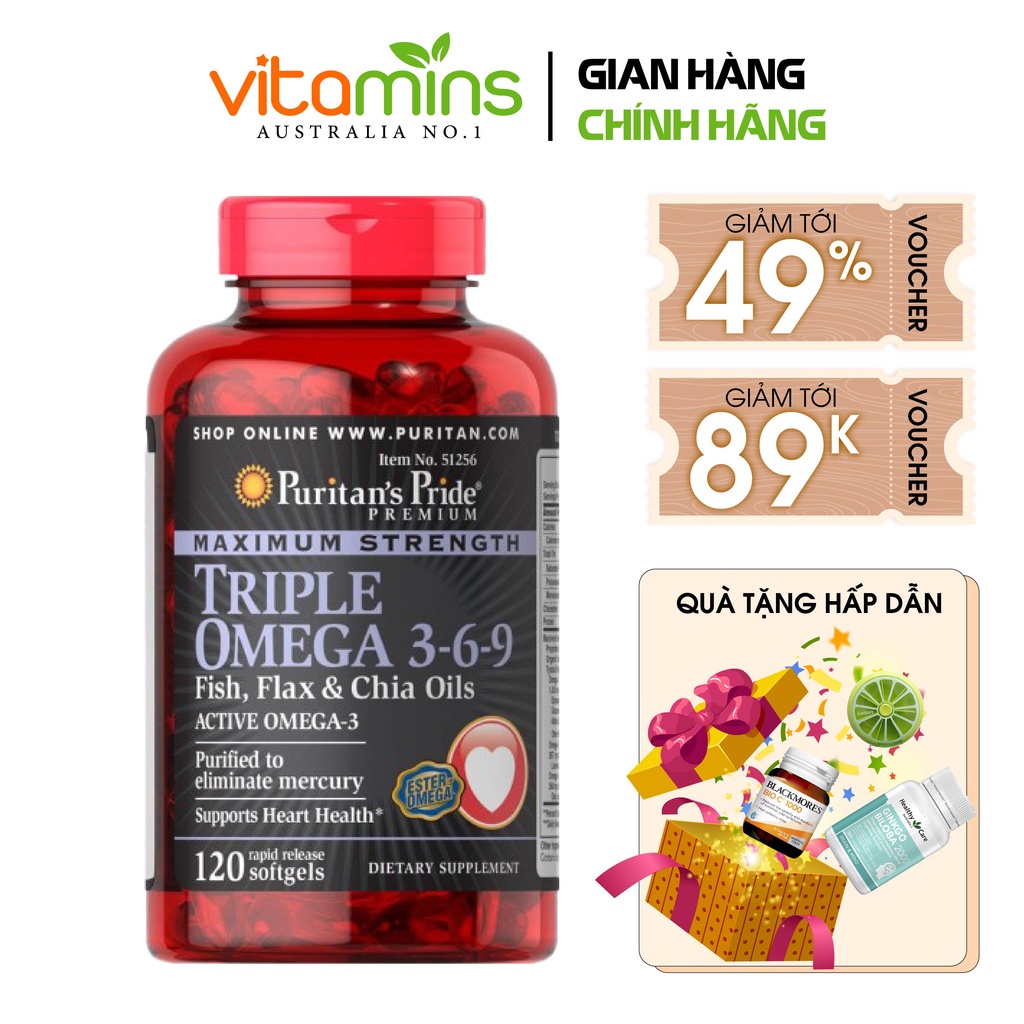 Viên uống Omega 369 Puritan's Pride Premium Maximum Strength Triple 120 viên tốt cho mắt, tim mạch, trí não