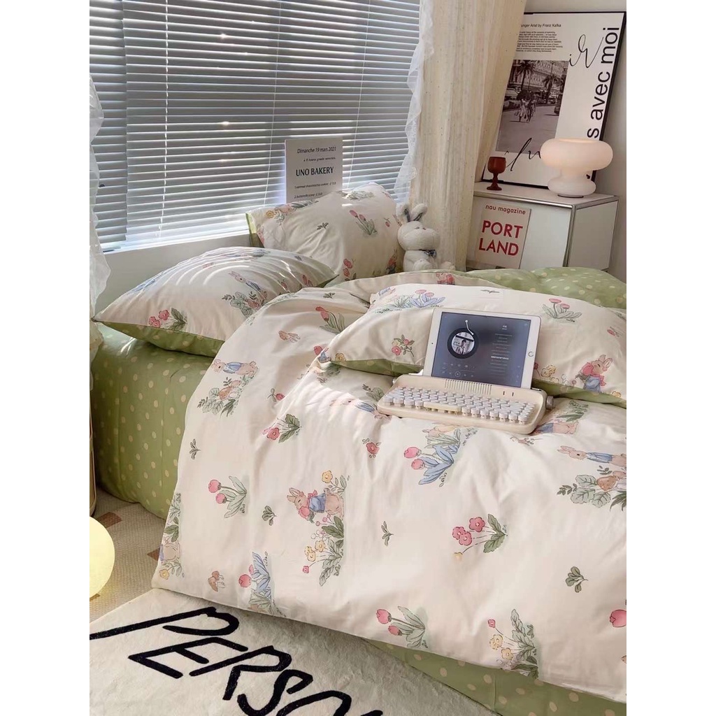 Chăn Ga Gối Cotton Living 💝 FREESHIP 💝 Bộ Chăn Ga Cotton 100% "Mơ Nhí Bèo " nhập khẩu 4 món