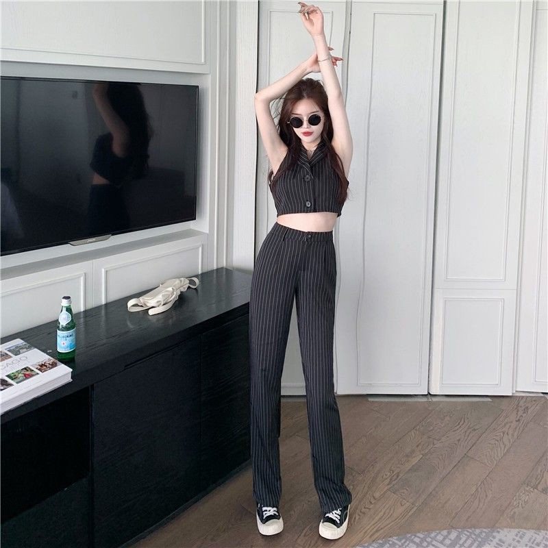 Set áo sơ mi croptop+ quần cạp cao ống suông kẻ sọc - Hàng Quảng Châu