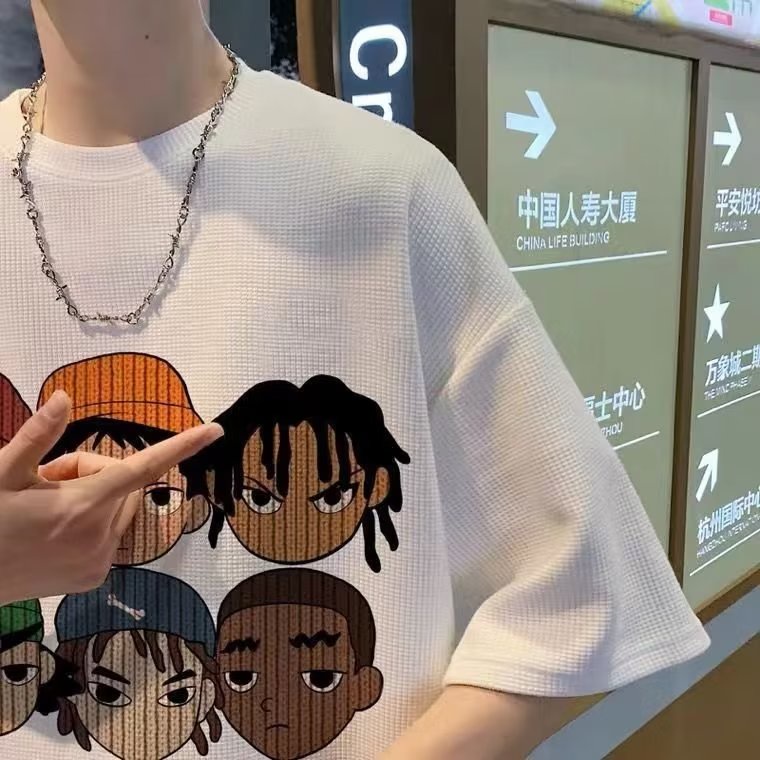 Áo Thun Tay Ngắn Dáng Rộng In Họa Tiết Waffle Phong Cách Hip hop Hàn Quốc Thời Trang Mùa Hè Mới Cho Nam