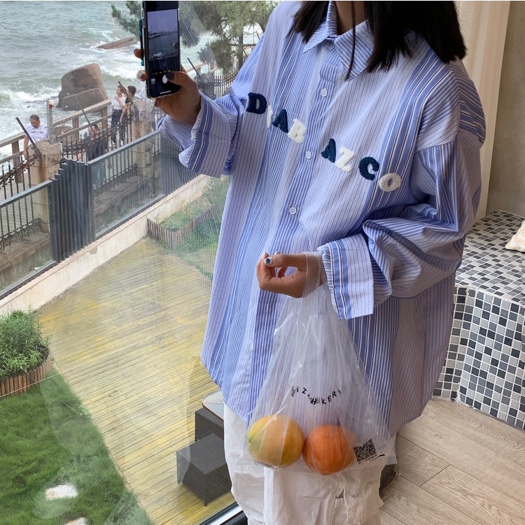 Áo Sơ Mi Dài Tay Dáng Rộng Họa Tiết Kẻ Sọc Dọc Thời Trang Xuân Thu 2023 Mới Cho Nữ