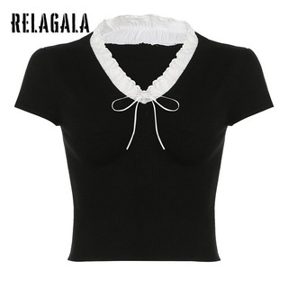 RelaGala Thời Trang Nữ Va Chạm Ren Dây Buộc Ren Cổ Chữ U Áo Thun Tay Ngắn
