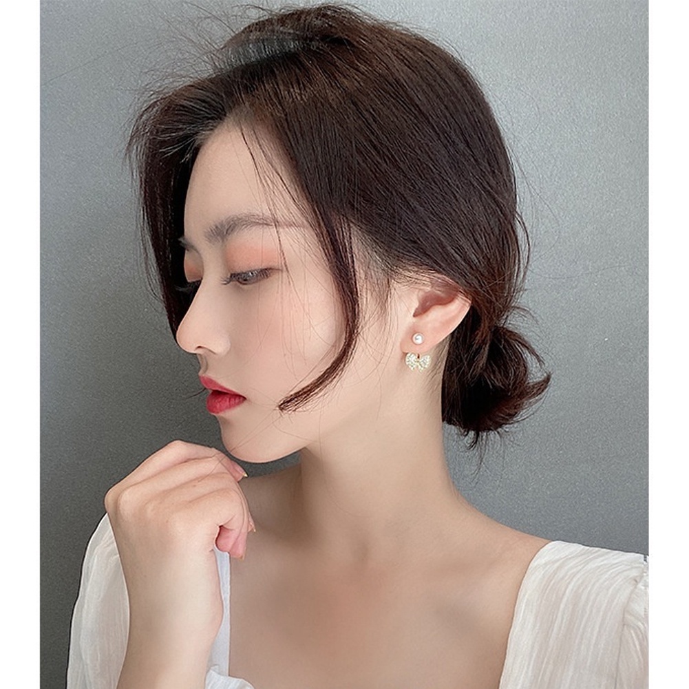 Bông Tai Mạ Bạc 925 Hình Nơ Đính Ngọc Trai Đơn Giản Phong Cách Hàn Quốc