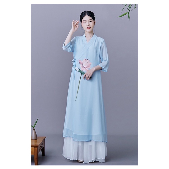 Váy dài pháp phục kiểu cổ trang trung hoa trung quốc hán phục đi lễ chùa trang phục bàn trà spa