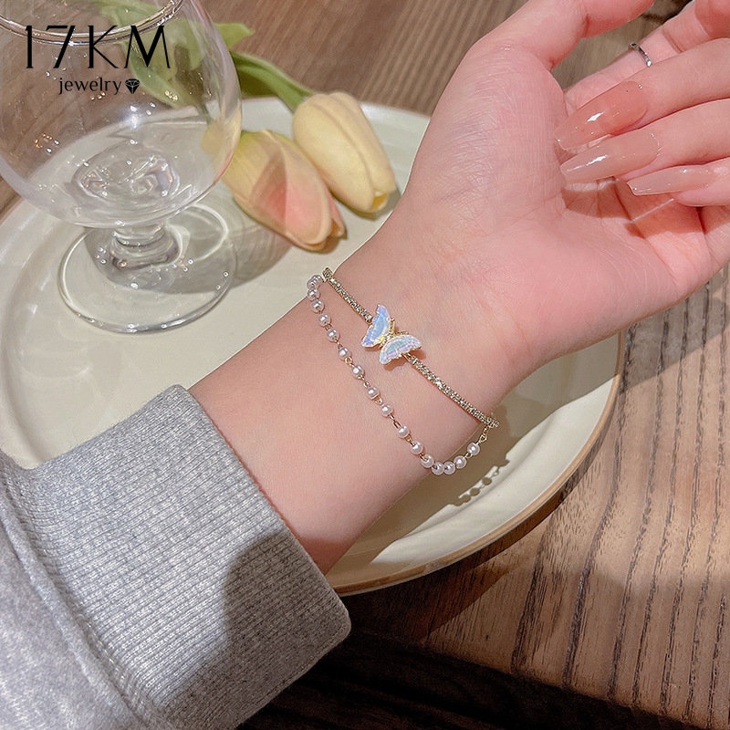 Vòng tay 17KM hai lớp mạ vàng mặt hình bướm đính hạt ngọc trai phong cách thời trang sang trọng cho nữ