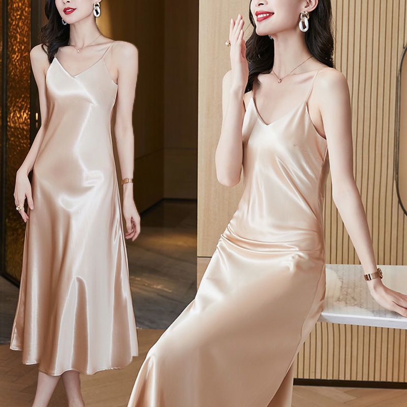 Đầm Hai Dây Cổ Chữ v Vải Satin Bóng Thời Trang