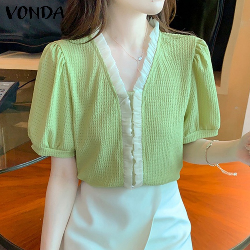 Áo vải VONDA tay ngắn cổ chữ V màu sắc trơn phong cách Hàn Quốc dành cho nữ