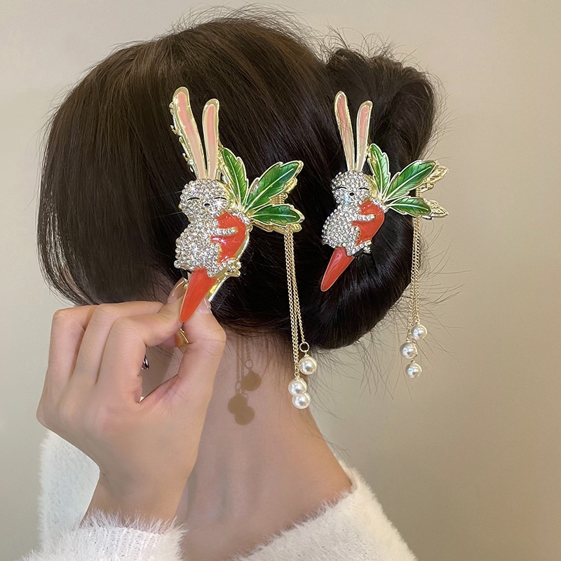 Kẹp Tóc Hình Thỏ Đính Đá Tua Rua Thời Trang Sang Trọng Cho Nữ