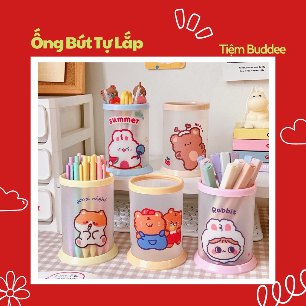 Ống Cắm Bút Hình Tròn Tự Lắp Ghép Chất Liệu Nhựa Cứng Cáp, Hoạ Tiết Cute Dễ Thương