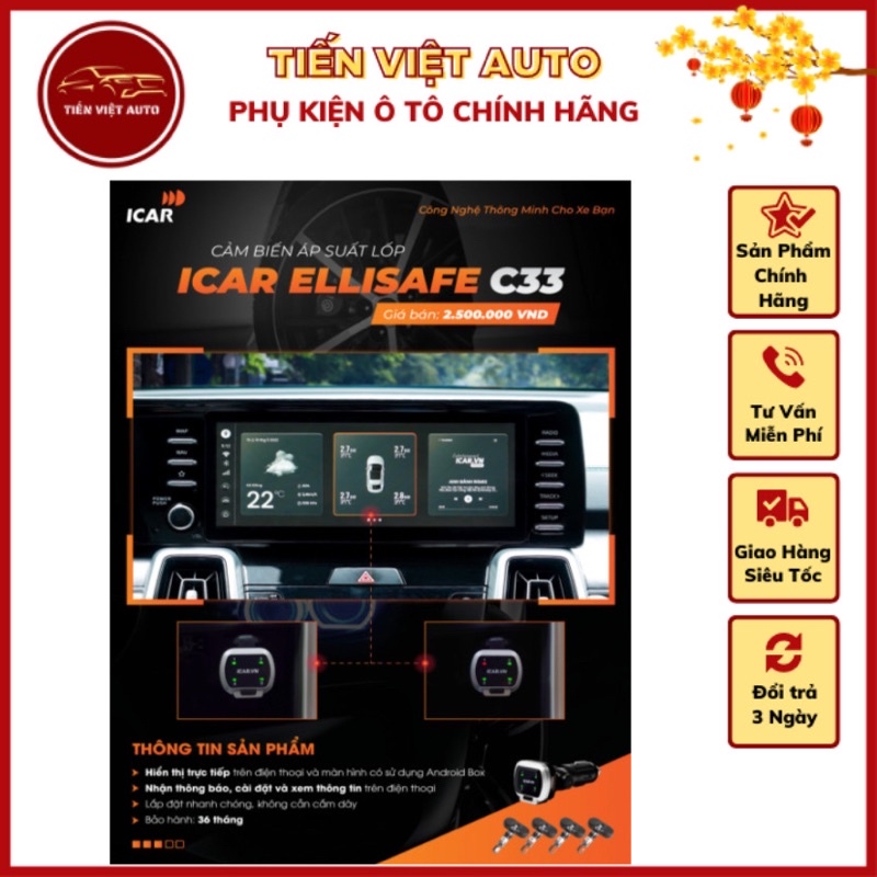 CẢM BIẾN ÁP SUẤT LỐP ICAR Ellisafe C33, Màn Hình Cắm Tẩu Cho Mọi Dòng Xe