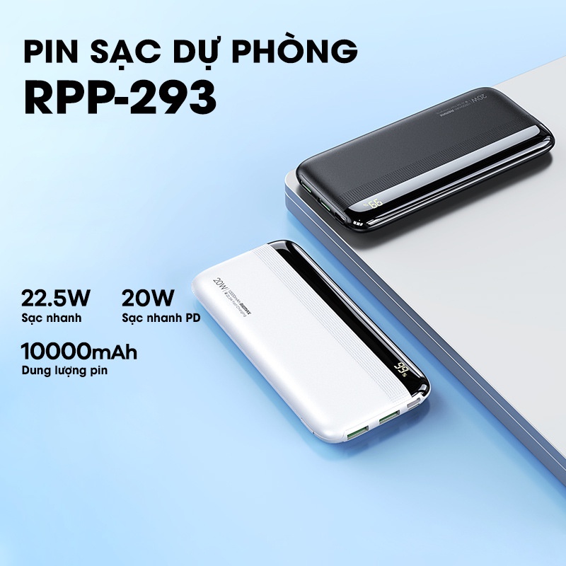 Pin Sạc Dự Phòng 10000mAh 22.5W Remax RPP-293 Hỗ Trợ Sạc Nhanh PD 20W - Remax Việt Nam - Bảo Hành 12 Tháng 1 Đổi 1