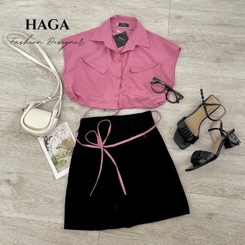 Áo sơ mi nữ cộc tay HAGA croptop dáng rộng rút eo phong cách Hàn Quốc SMCTBE74