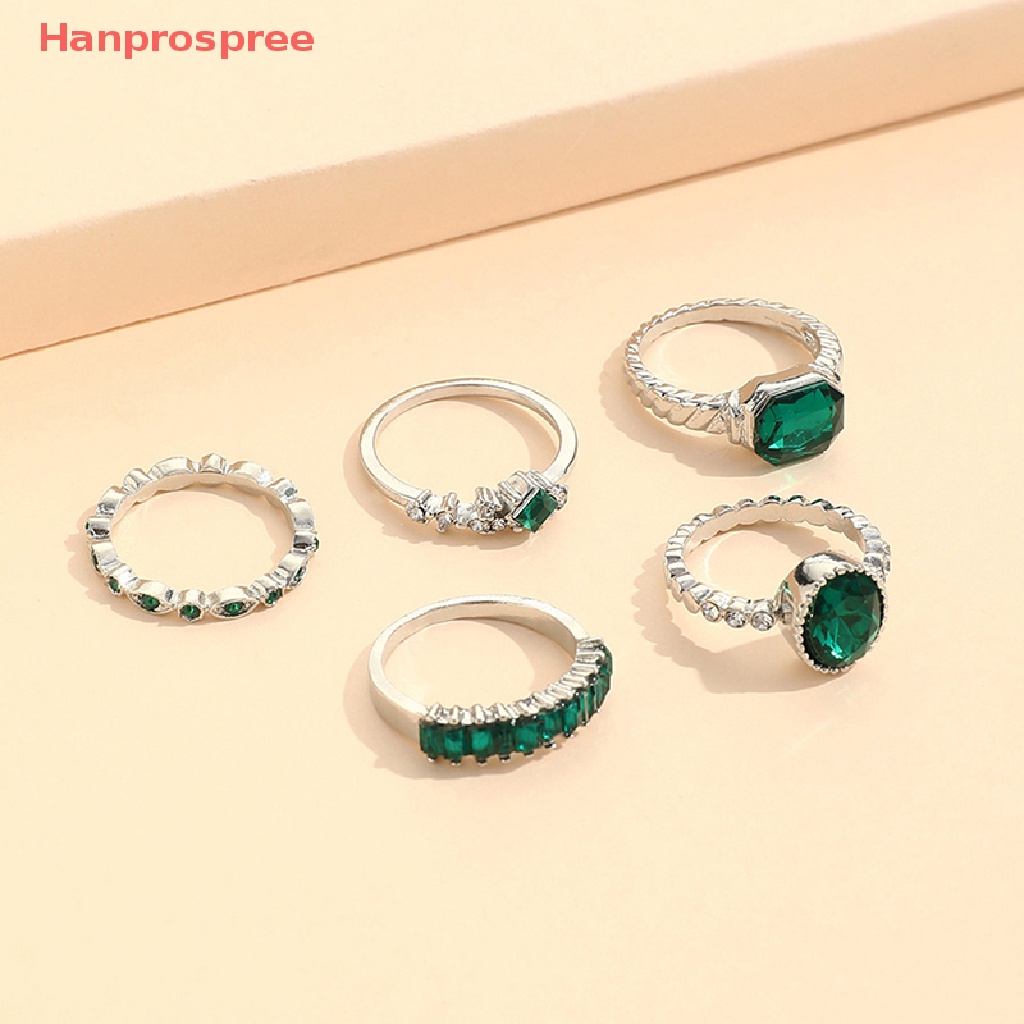 Set 5 Nhẫn Đính Đá Pha Lê Xanh Phong Cách Vintage Cho Nữ
