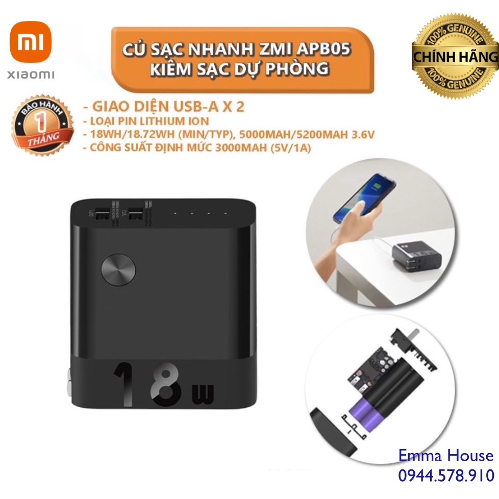 Cốc sạc kiêm pin sạc điện thoại dự phòng 2 cổng 5000mAh 18W Xiaomi ZMI APB05