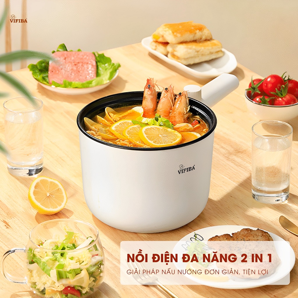 - Nồi điện đa năng 2in1 VIFIBA dung tích 1.5L, công suất 600W, 2 cấp độ, chống dính tay cầm dài - Nấu, Chiên, Xào đều đư
