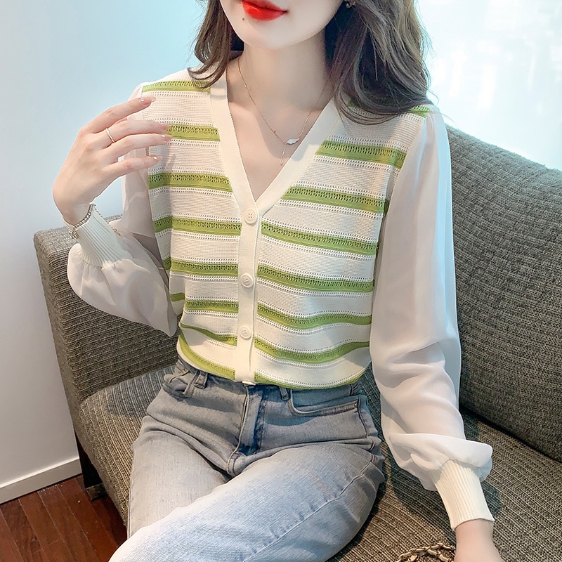 Áo Sơ Mi Vải Lụa Lạnh Phối Voan Cổ V Kiểu Hàn Quốc Thời Trang Mùa Thu 2023