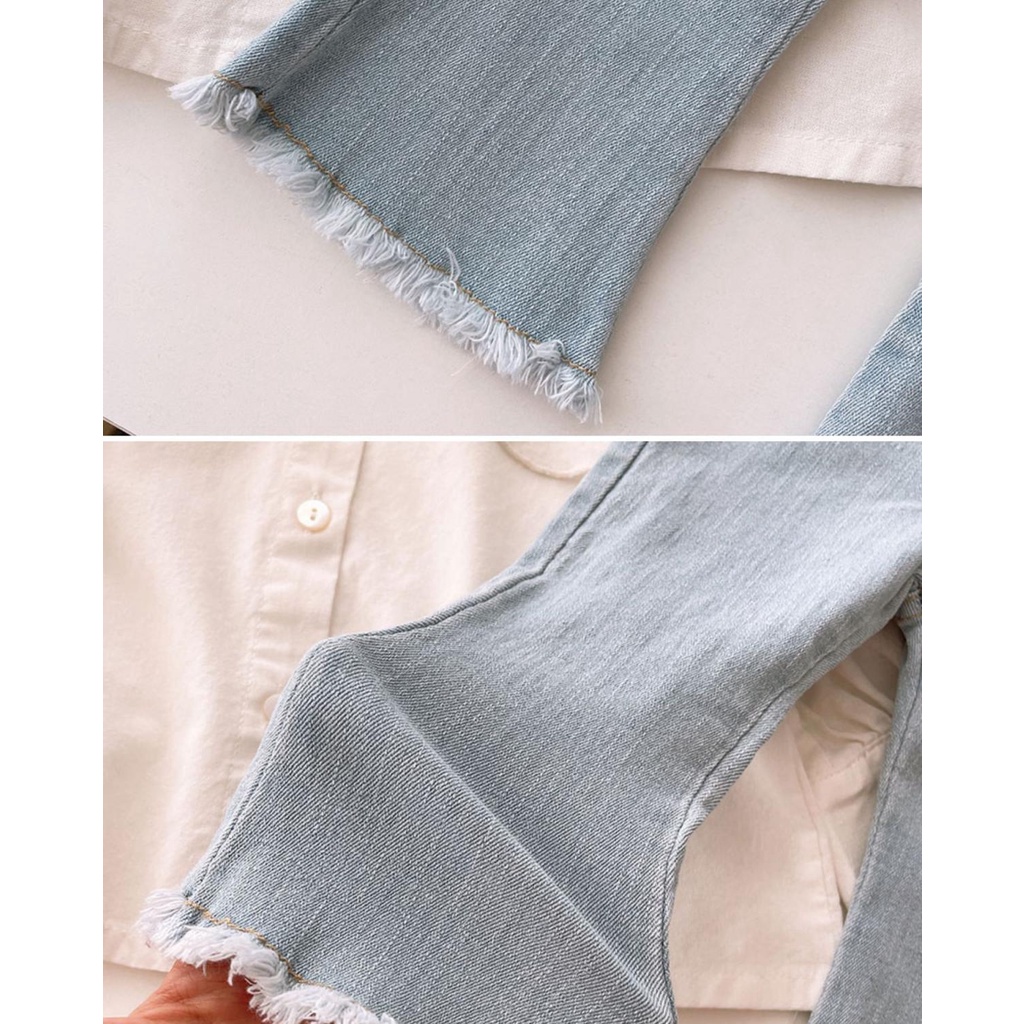 Quần Denim Dài Ống Loe Màu Xanh Nhạt Thời Trang Mùa Xuân Mới 2023 Cho Bé Gái