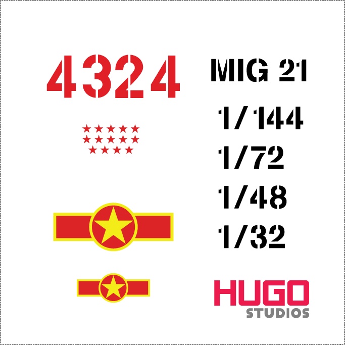 Hugo Studios Decal trượt nước máy bay MIG-21 số hiệu 4324 chưa phủ clear