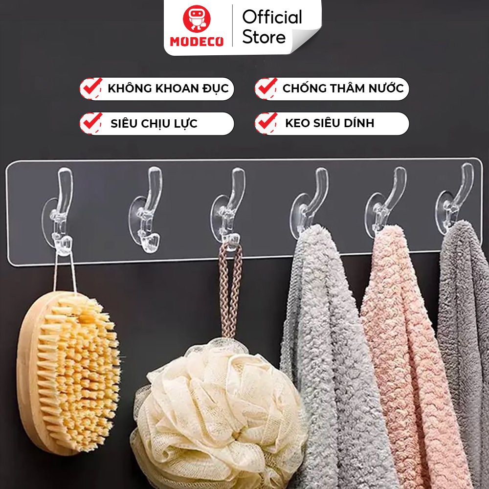 Móc Treo Quần Áo Modeco, Treo Đồ Đa Năng Dán Tường 6 Chấu Trong Suốt - Hàng Loại 1 Keo Acrylic Dày Dính Siêu Chắc