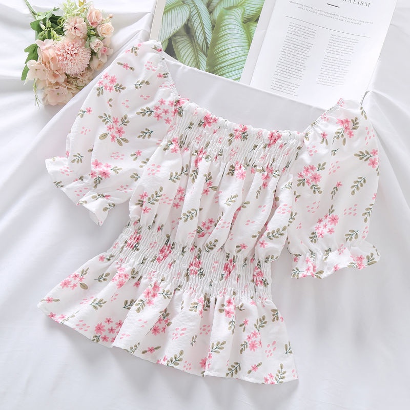 Áo Lửng Ngắn Tay Cổ Vuông Họa Tiết Hoa Thời Trang Hàn Quốc Cho Nữ
