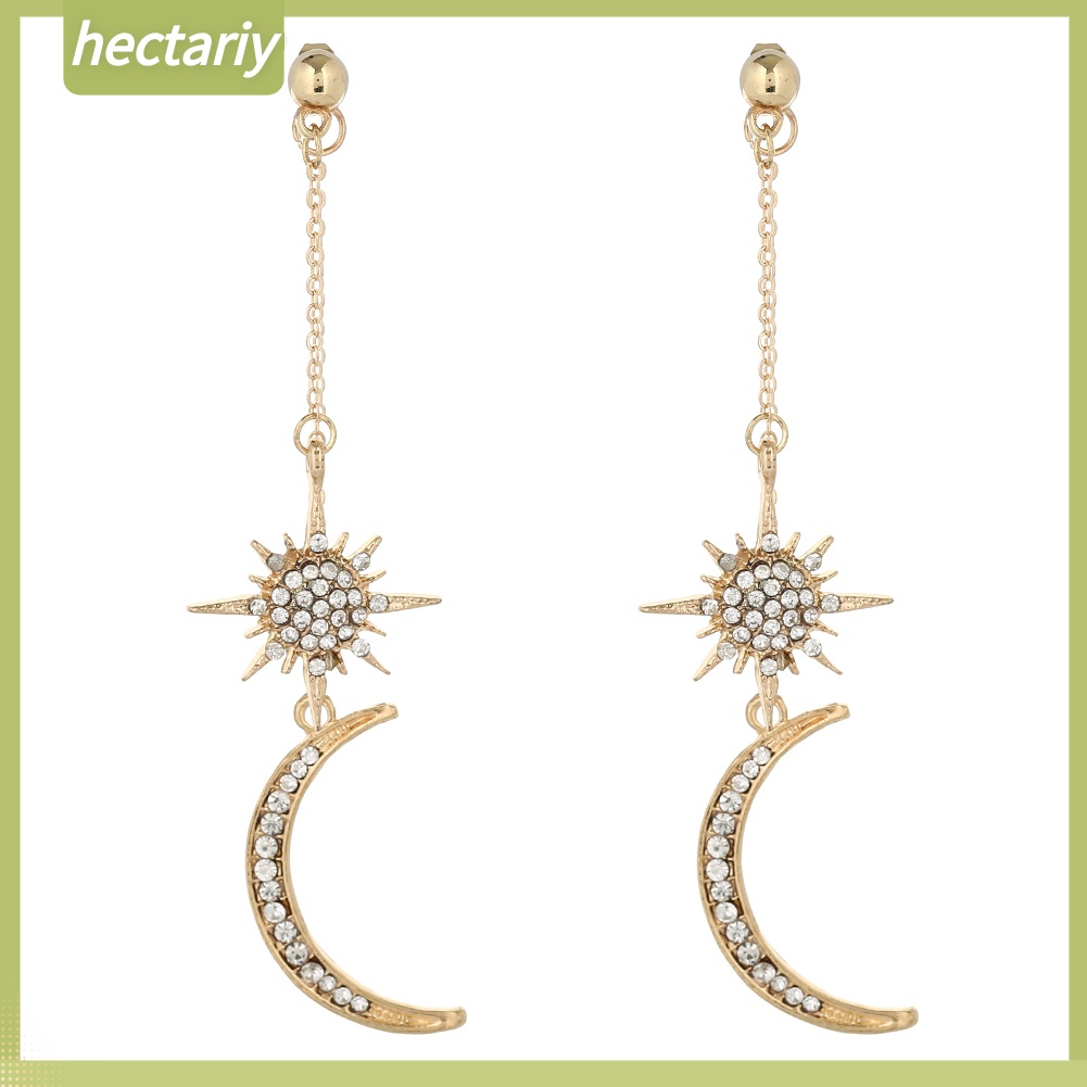 Hectariy| Đôi Bông Tai Dáng Rơi Họa Tiết Trăng Sao Đính Đá Thời Trang Cho Nữ
