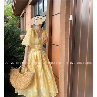 Đầm maxi tơ hoa tay bồng xoè dài