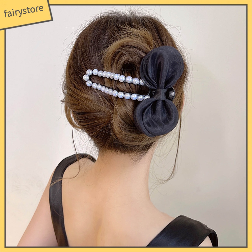 [Fairy1] Kẹp Tóc Càng Cua Đính Ngọc Trai Giả Thắt Nơ Rỗng Bằng Sợi Acrylic Chắc Chắn Cho Nữ