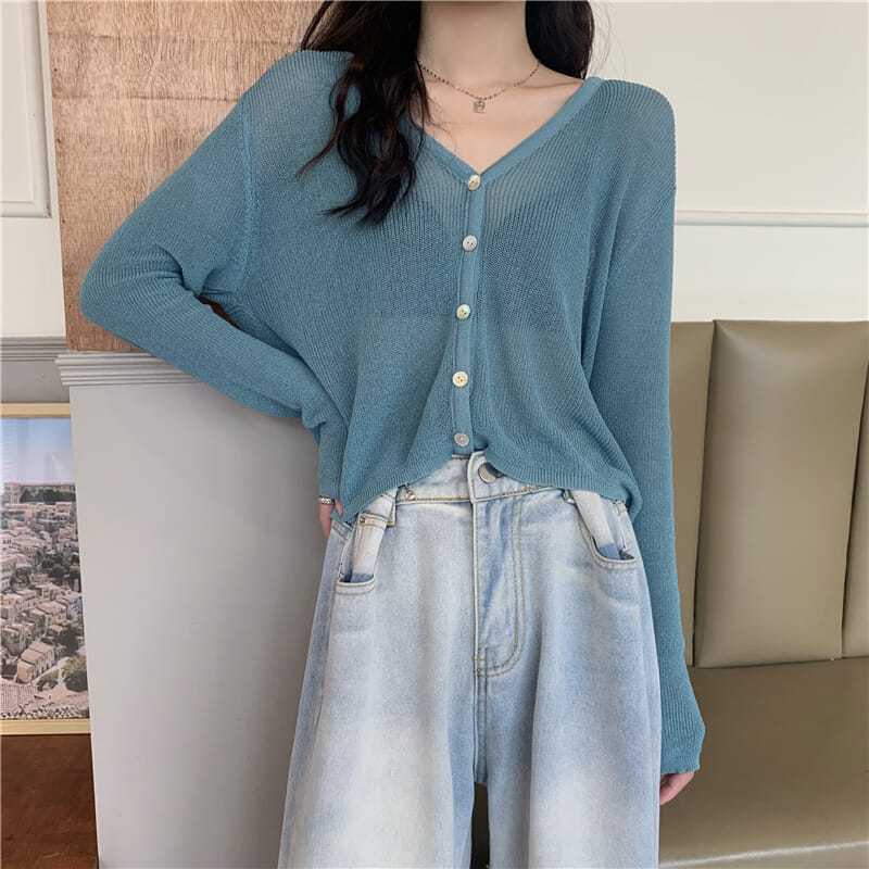 áo kiểu khoác cardigan dệt kim tay dài sơ mi croptop len cổ chữ v chất liệu lụa chống nắng thời trang cho nữ