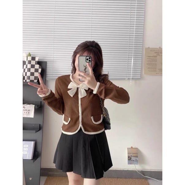 Áo kiểu nữ tay dài kèm nơ hàng Quảng Châu xốp tăm, áo khoác mùa đông nữ thời trang Hàn Quốc giả túi dài tay 89701 5