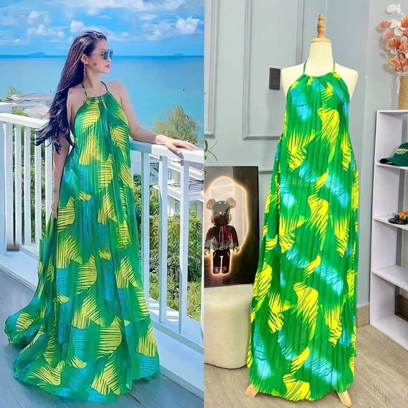 Đầm maxi chiffon dập ly loang xanh lá cây 2 dây cổ yếm hở lưng váy dài sang trọng quyến rũ quý phái đi chơi biển du lịch