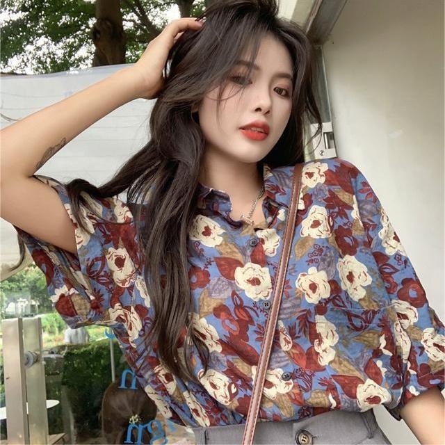 ZHELIHANGFEI Áo Sơ Mi Ngắn Tay Cổ Bẻ Họa Tiết Hoa Phong Cách Retro Pháp