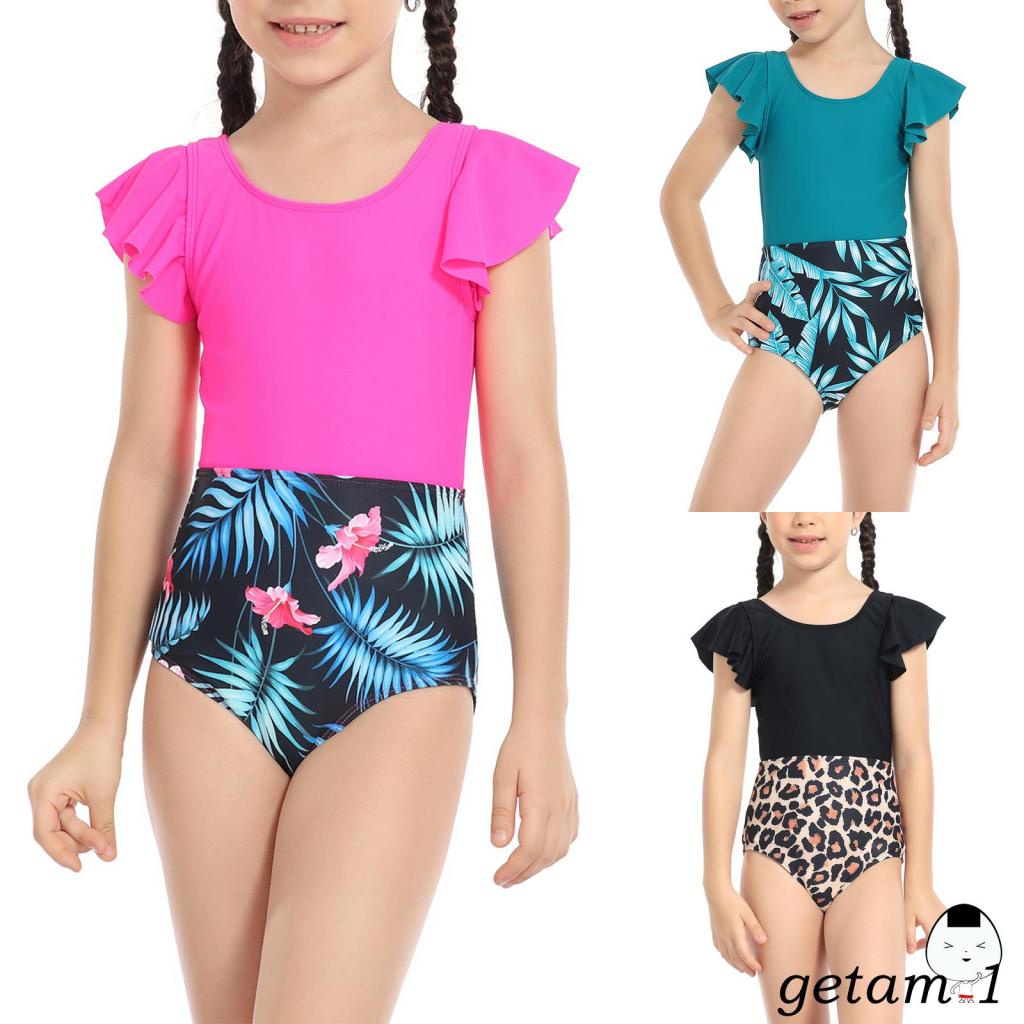 Ljw-kid Bộ Đồ Bơi Bikini Mùa Hè Cổ Tròn Tay Bay In Họa Tiết Lá / Da Báo Cho Bé Gái